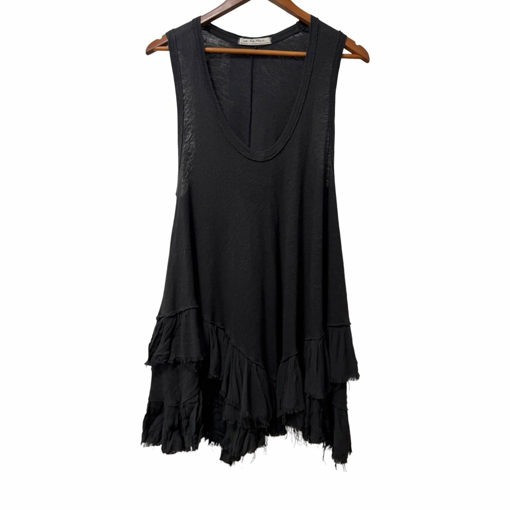 Free People SHIMMY SASHA Linen Blend Ruffle Tank Top Tunic Size XS Washed Black